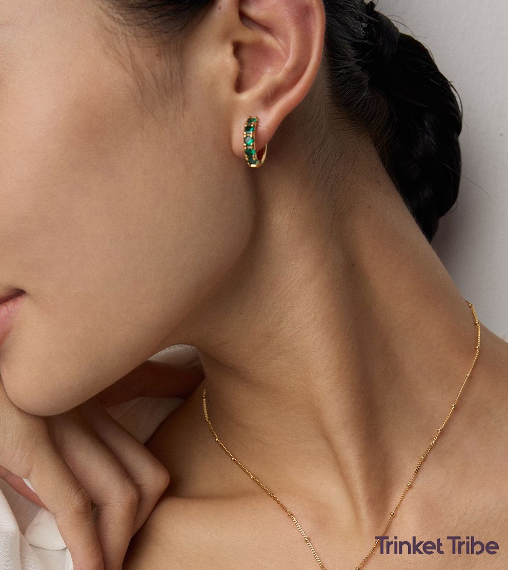 Gold & Silver Huggie Hoop Earrings with Green and Clear Zircon Stones – Minimalist Everyday Sparkle