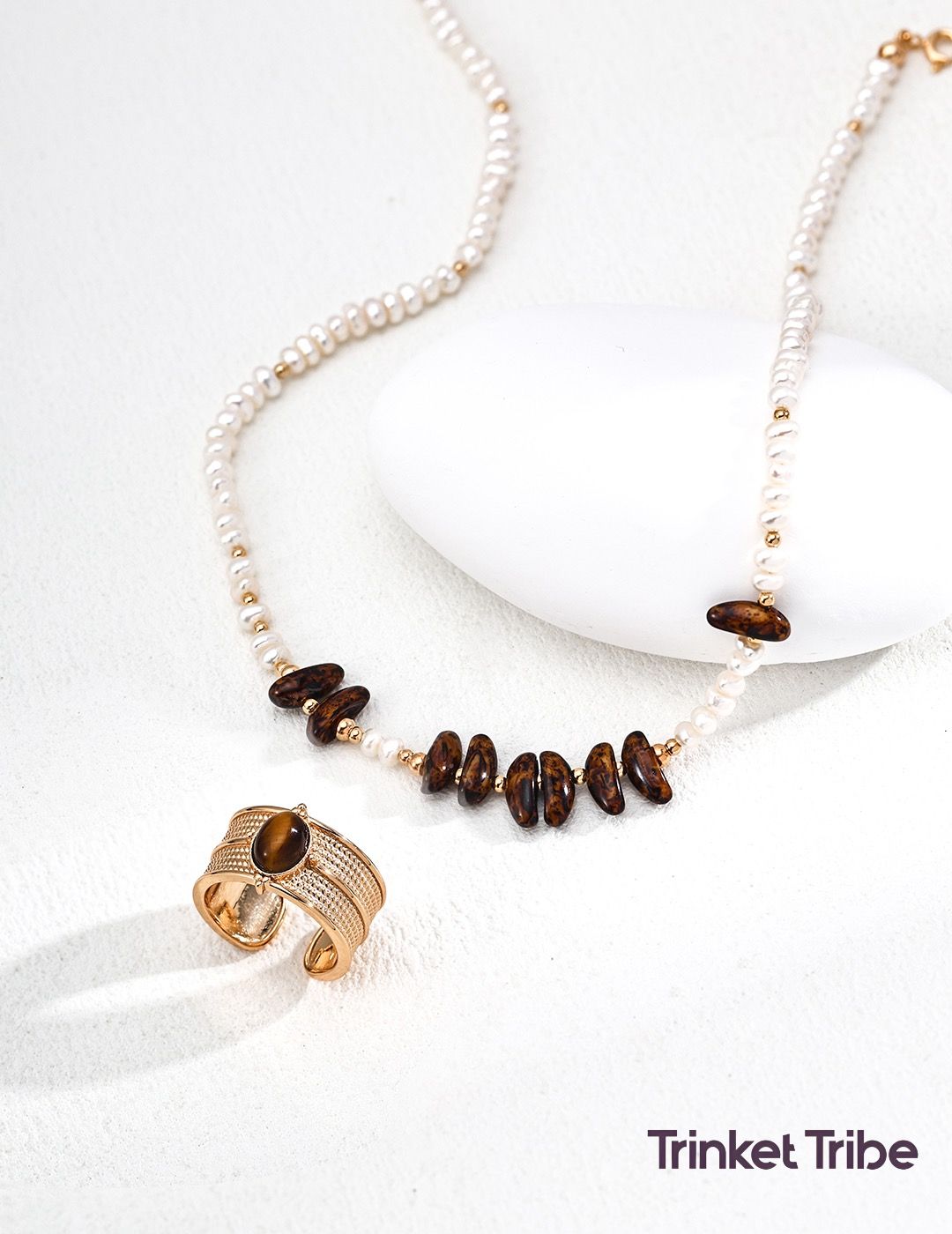 Pearls and Tiger’s Eye-like Stones_ Necklace & Matching Ring
