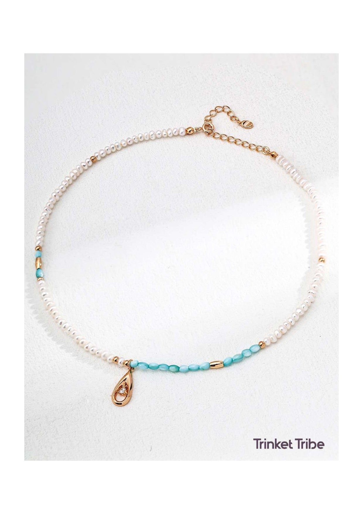 Turquoise-blue Necklace Featured Small White Pearls