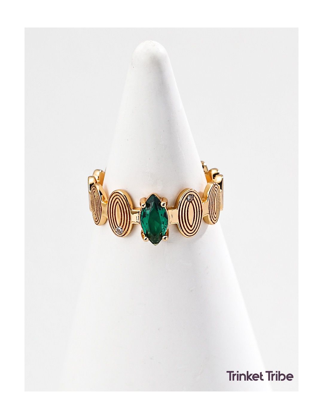 Gold minimalist adjustable ring with green marquise-cut zircon, spiral pattern design – S925 silver base by Trinket Tribe.