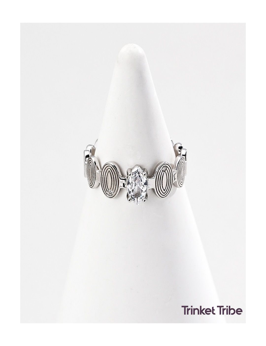Silver minimalist adjustable ring with green marquise-cut zircon, spiral pattern design – S925 silver base by Trinket Tribe.